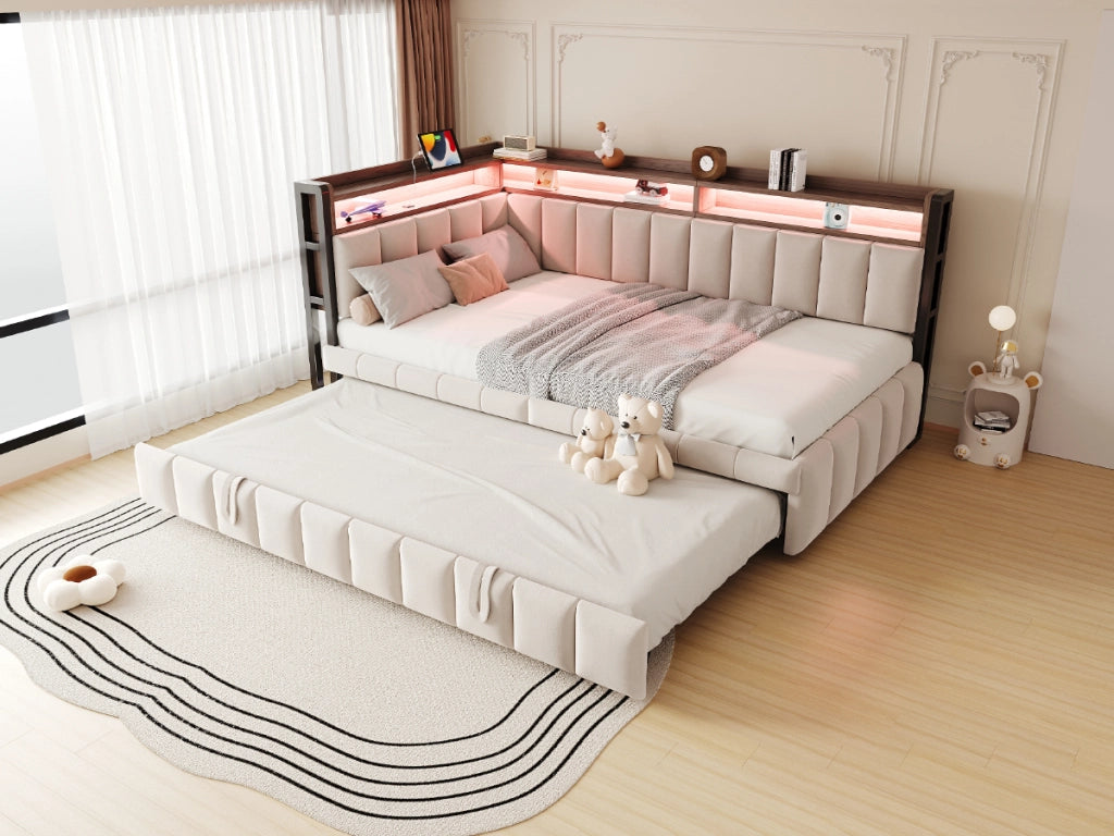 DESMIU Divano letto 90 × 200 cm con letto estraibile, LED regolabile, USB e Type-C, senza materasso, beige