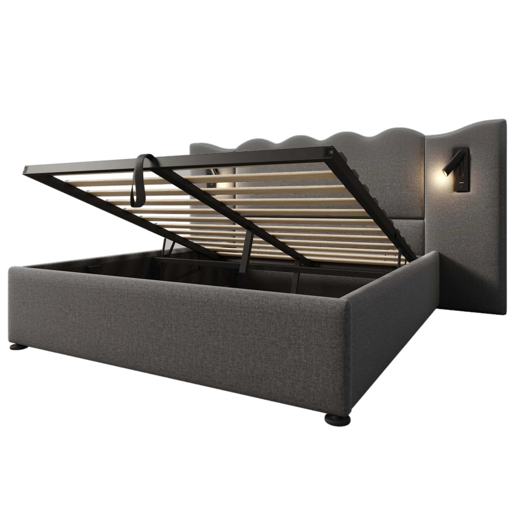 Letto matrimoniale contenitore 160x200 in lino grigio con luce da lettura e porte USB-C