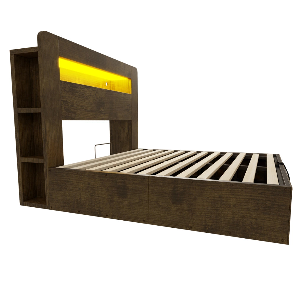 Letto Contenitore 140x200 cm; Matrimoniale - LED e Prese - in Legno - Vintage