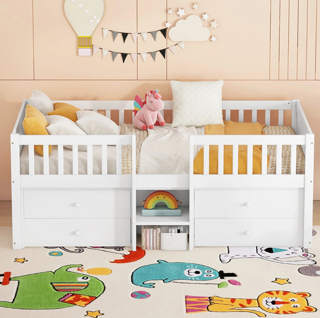 Letto semi-alto per bambini 90x200 cm con 4 cassetti bianco