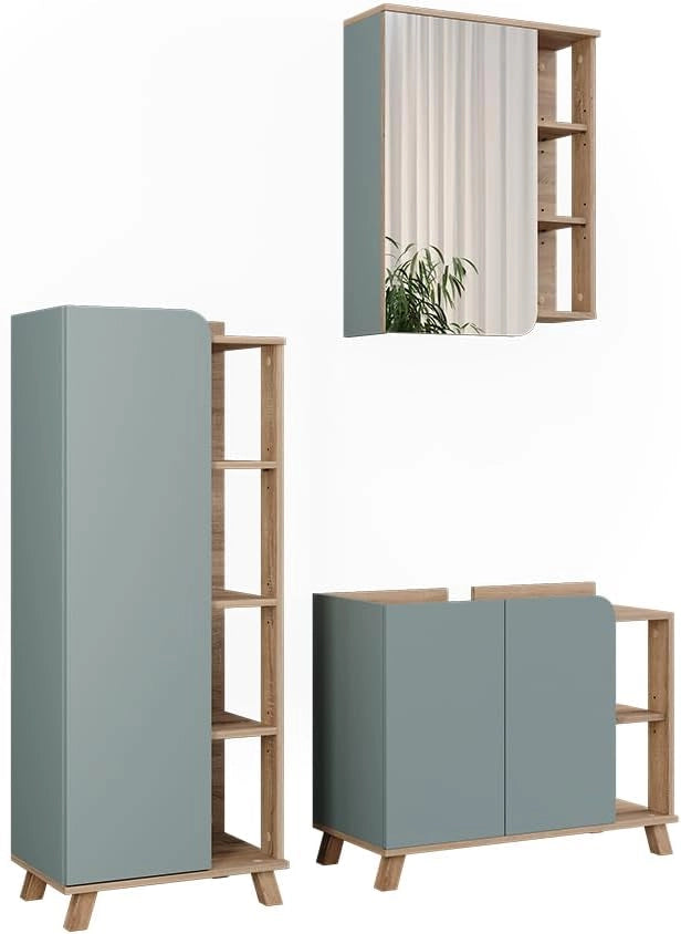 Set di mobili da bagno Karen, Sonoma/antracite, 80 cm, composto da mobile sottolavabo, specchiera e mobile medio