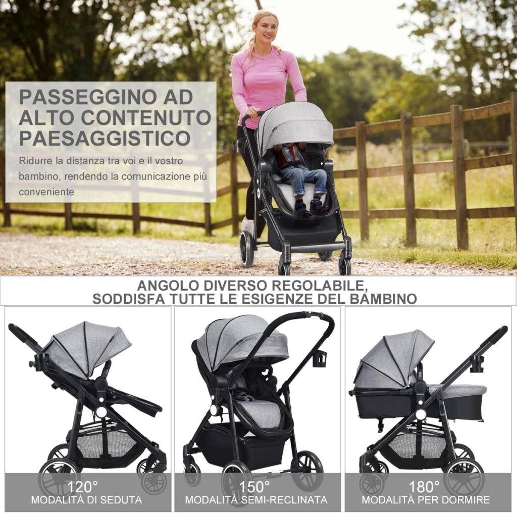 2 in 1 Passeggino per Bambini, Passeggino Pieghevole con Sedile Reversibile, Schienale Regolabile, Passeggino Leggero con Cintura di Sicurezza, Copertura, per Bambini 0-3 Anni (Grigio)