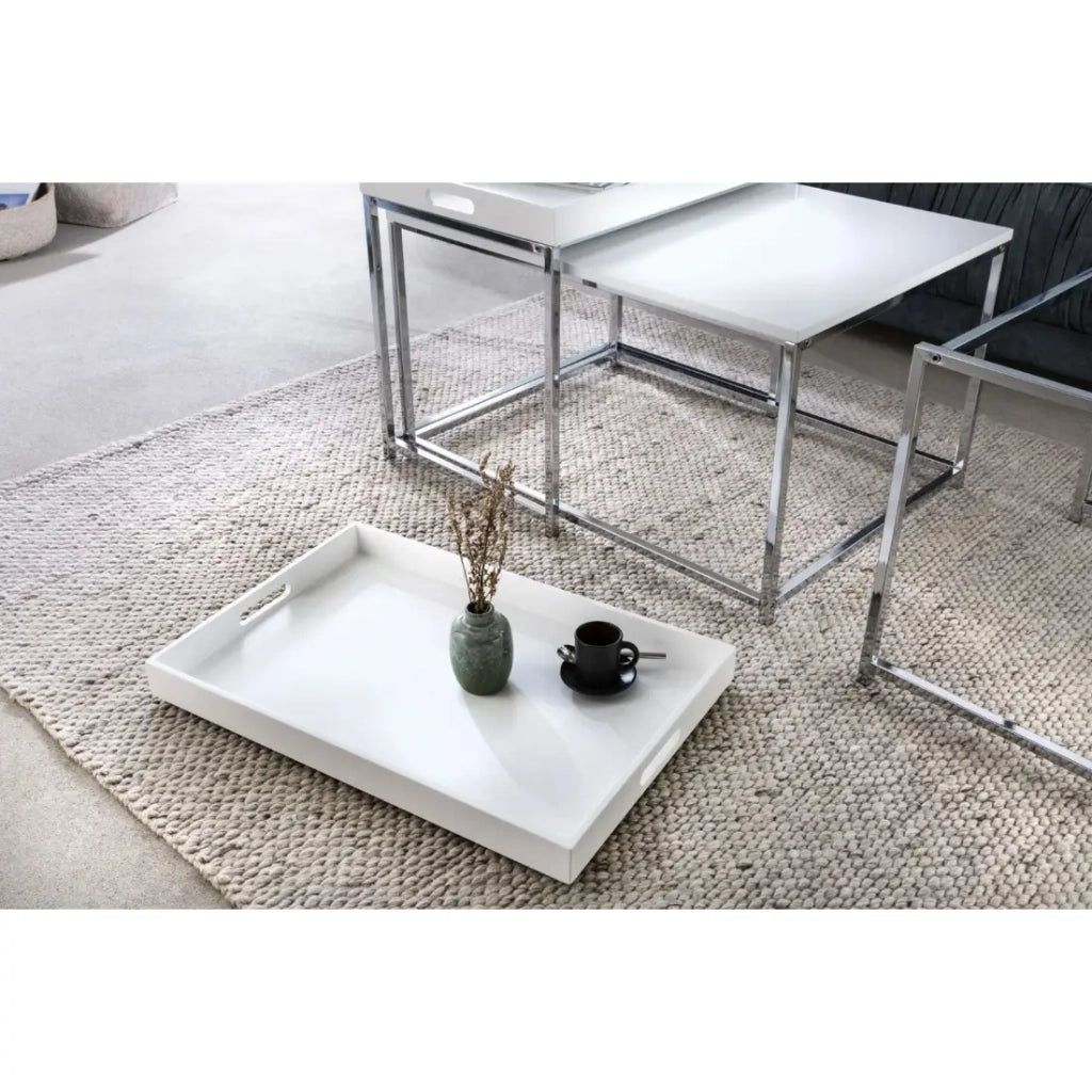 Tavolini bassi nidificati VORTEX bianco opaco e metallo argentato - set di 3 design moderno