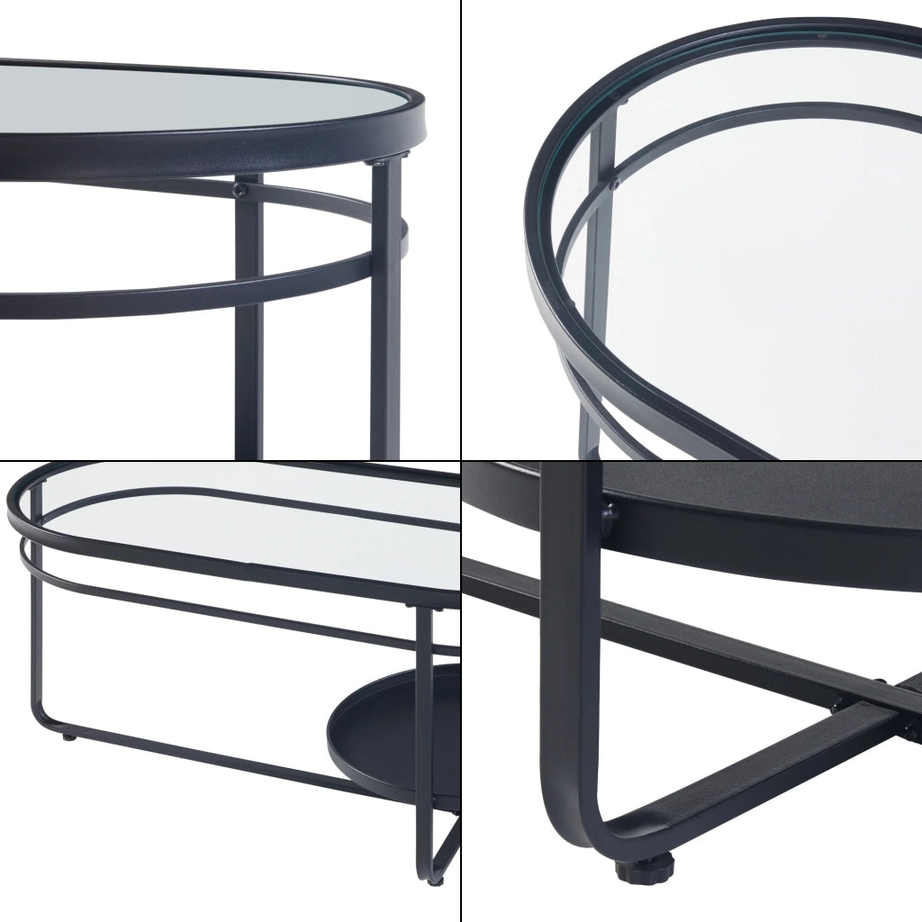 Tavolino da caffè con piano ovale e ripiano metallo vetro temperato 90 x 43 x 46 cm nero 03_0010812