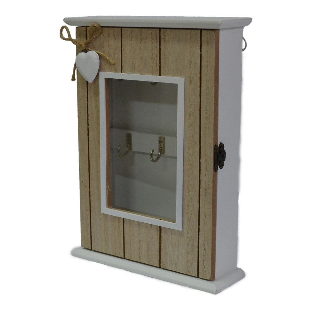 Trade Shop - Bacheca Portachiavi In Legno 6 Ganci In Metallo Design Cuore Con Fiocchetto In Canapa -