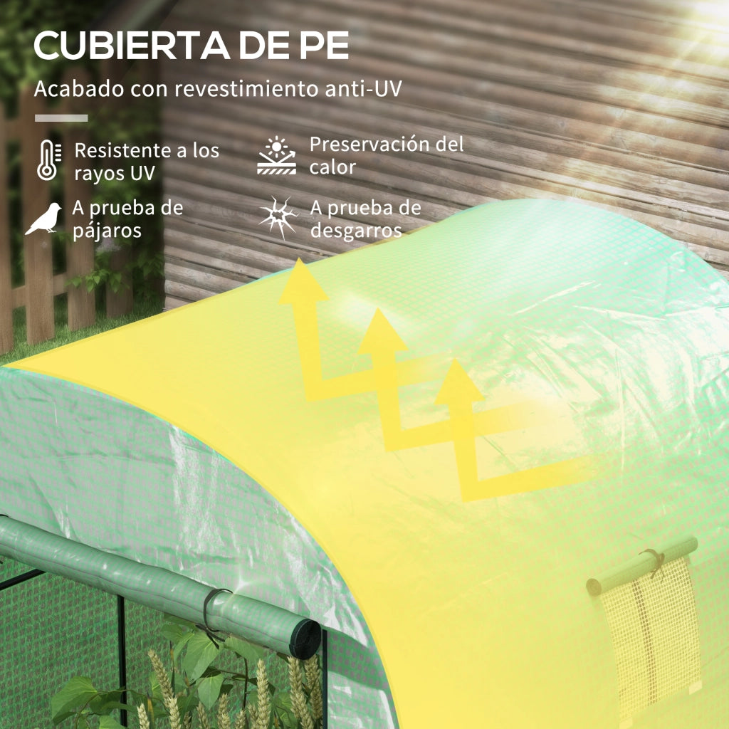 Serra Tunnel con 2 Porte a Rullo 2 Finestre in Rete e Struttura in Acciaio Copertura PE 135g/m2 Anti-UV Verde ¨C zephmum ¨C Verde Acciaio