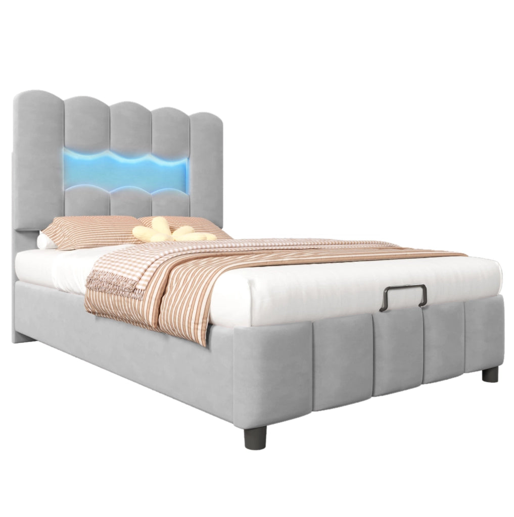 Letto imbottito 90x200 cm con contenitore idraulico; testiera regolabile; LED; velluto grigio