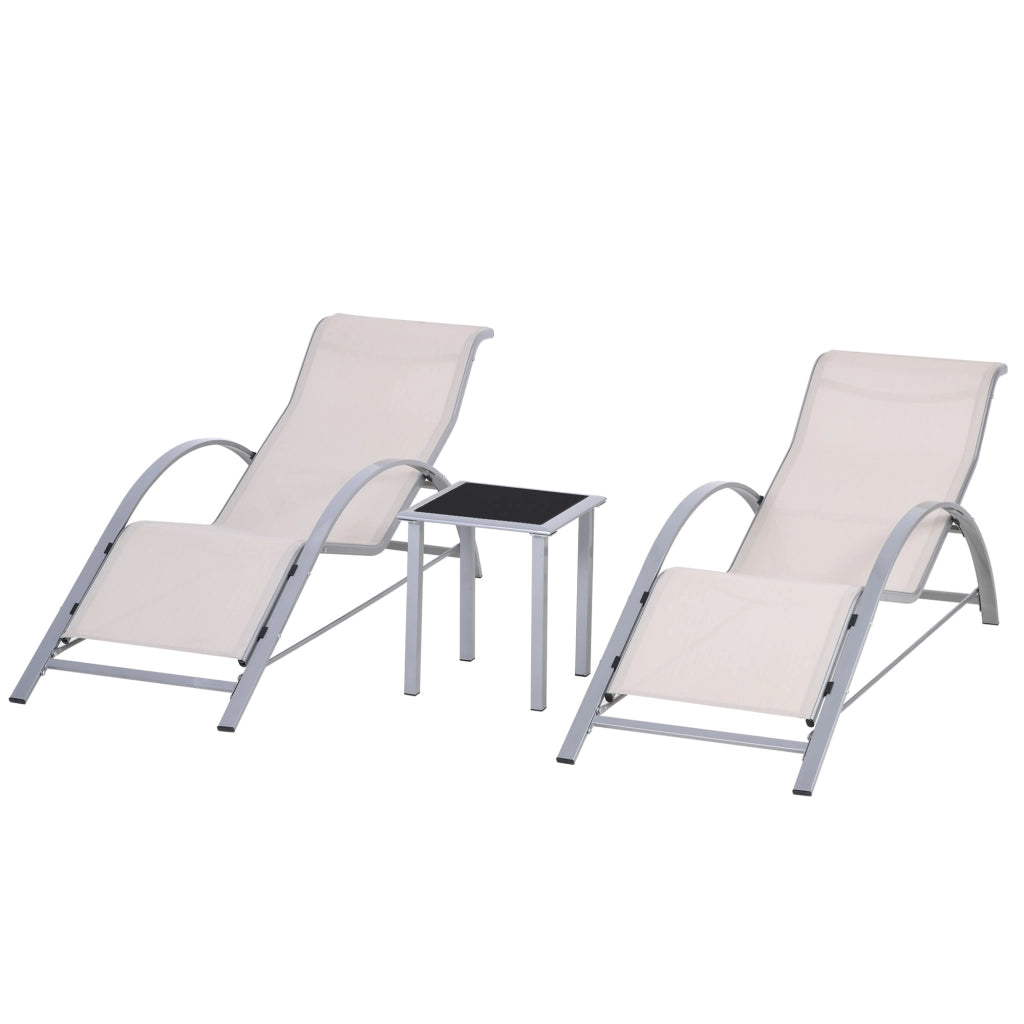 Set di 2 Lettini Prendisole e Tavolino con Piano in Vetro, 59x169x66 cm, Crema