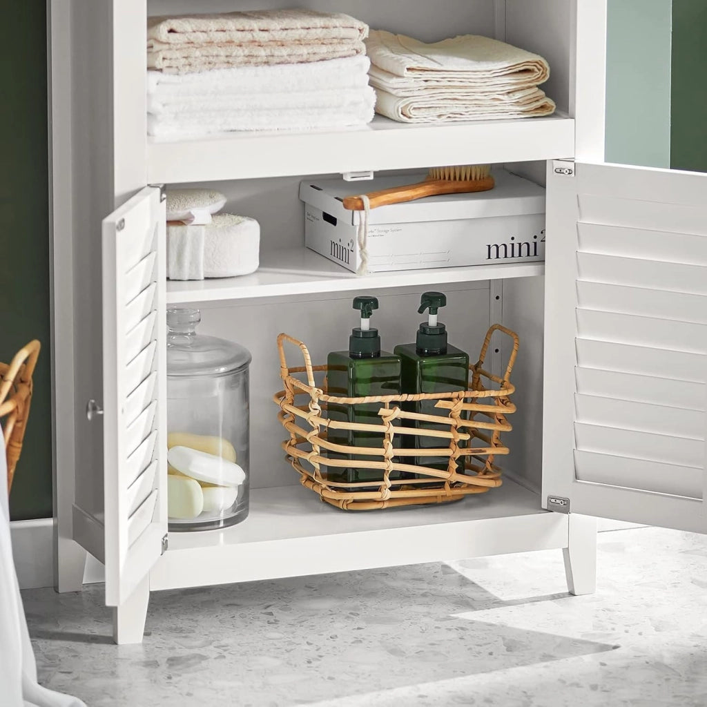Armadio da Bagno – Mobile da Bagno Salvaspazio con Ripiani e Porte, Credenza in Legno Stretto per Corridoio e Soggiorno, Bianco, 60 x 90 x 26 cm, BZR13-W