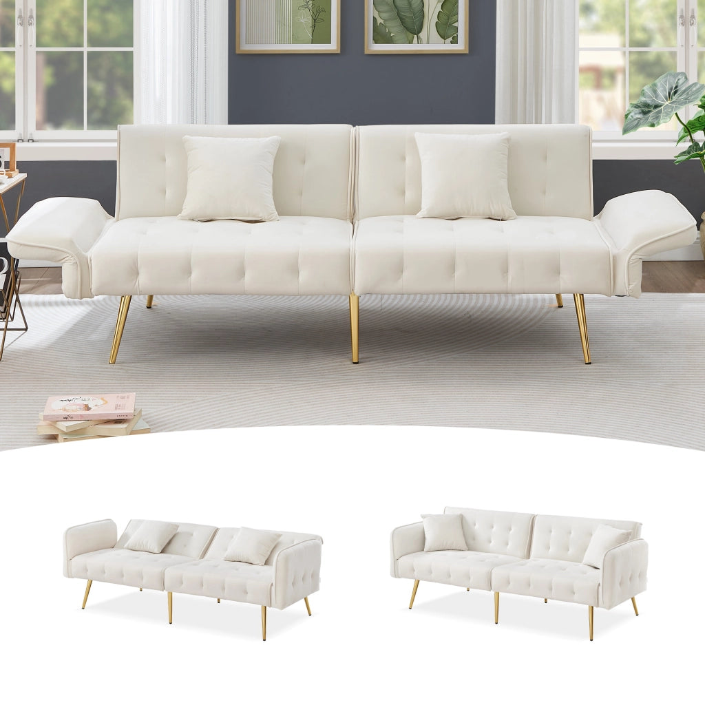 OKWISH Divano Letto 2 Posti, Schienale Regolabile e Braccioli Multi Posizione, con Cuscini, Velluto, Bianco Antico
