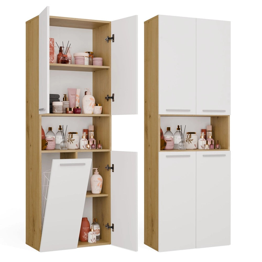 Mobile bagno NEL 1k DK scaffale colonna con koszem per bucato rovere artisan e bianco