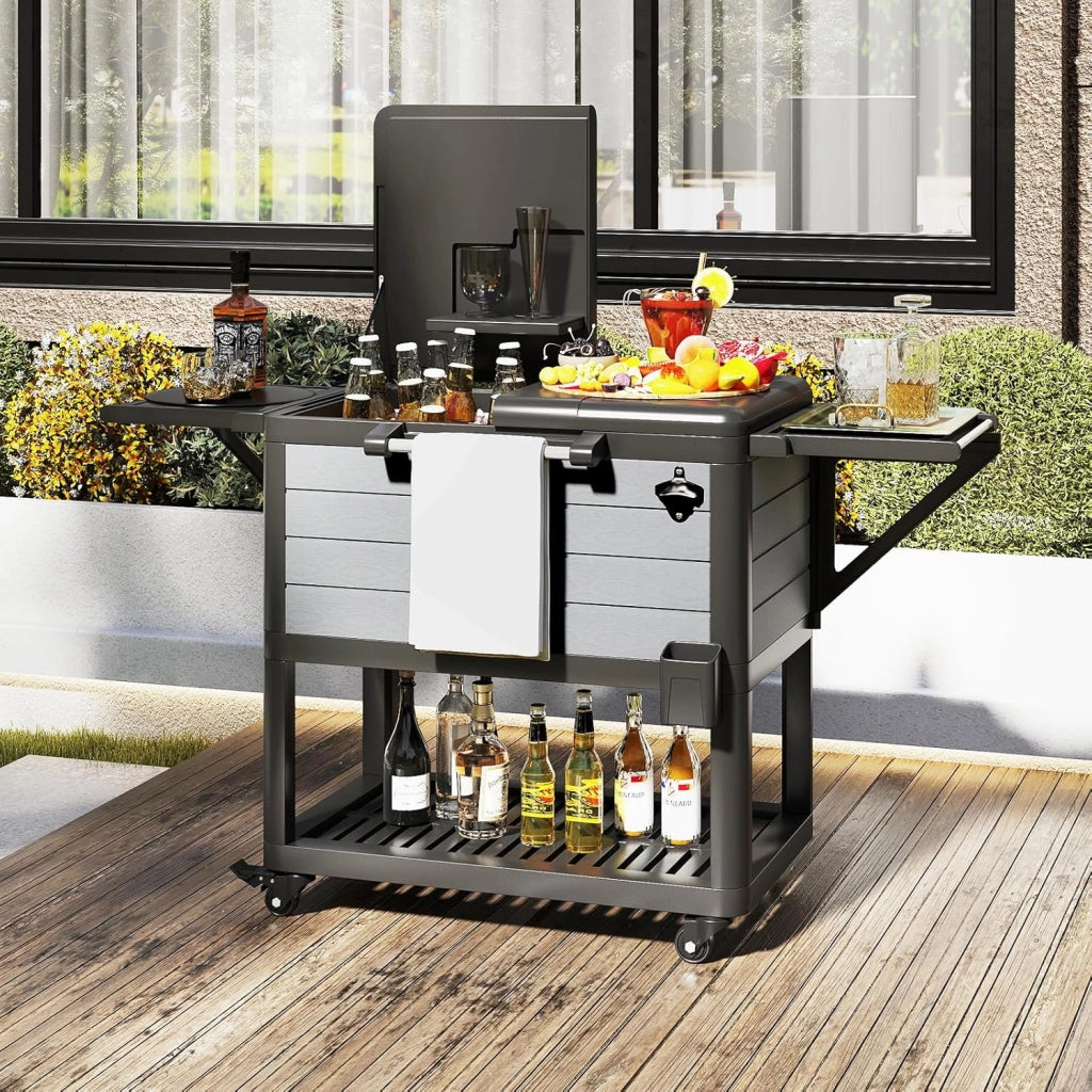 Carrello Porta Ghiaccio su Ruote 83 x 50 x 85 cm, Carrello Refrigerante con Ripiani di Stoccaggio e Apribottiglie, Portata 91 L, Frigorifero Portavivande da Esterno per Feste e Barbecue