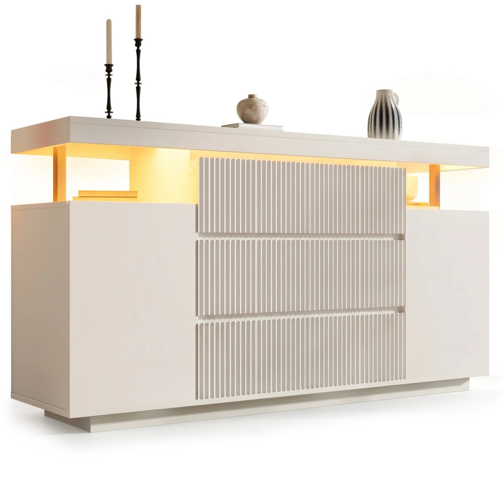 Credenza moderna con illuminazione LED 150x40x78 cm; bianca in MDF e metallo