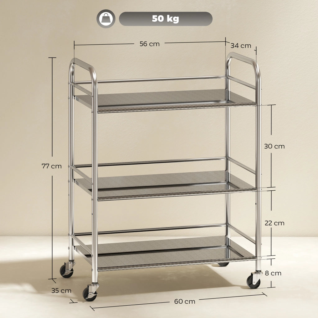 Carrello Multiuso a 4 Livelli con Ripiano Centrale Regolabile e Bordi Rialzati. in Acciaio Inox. 60x35x77 cm