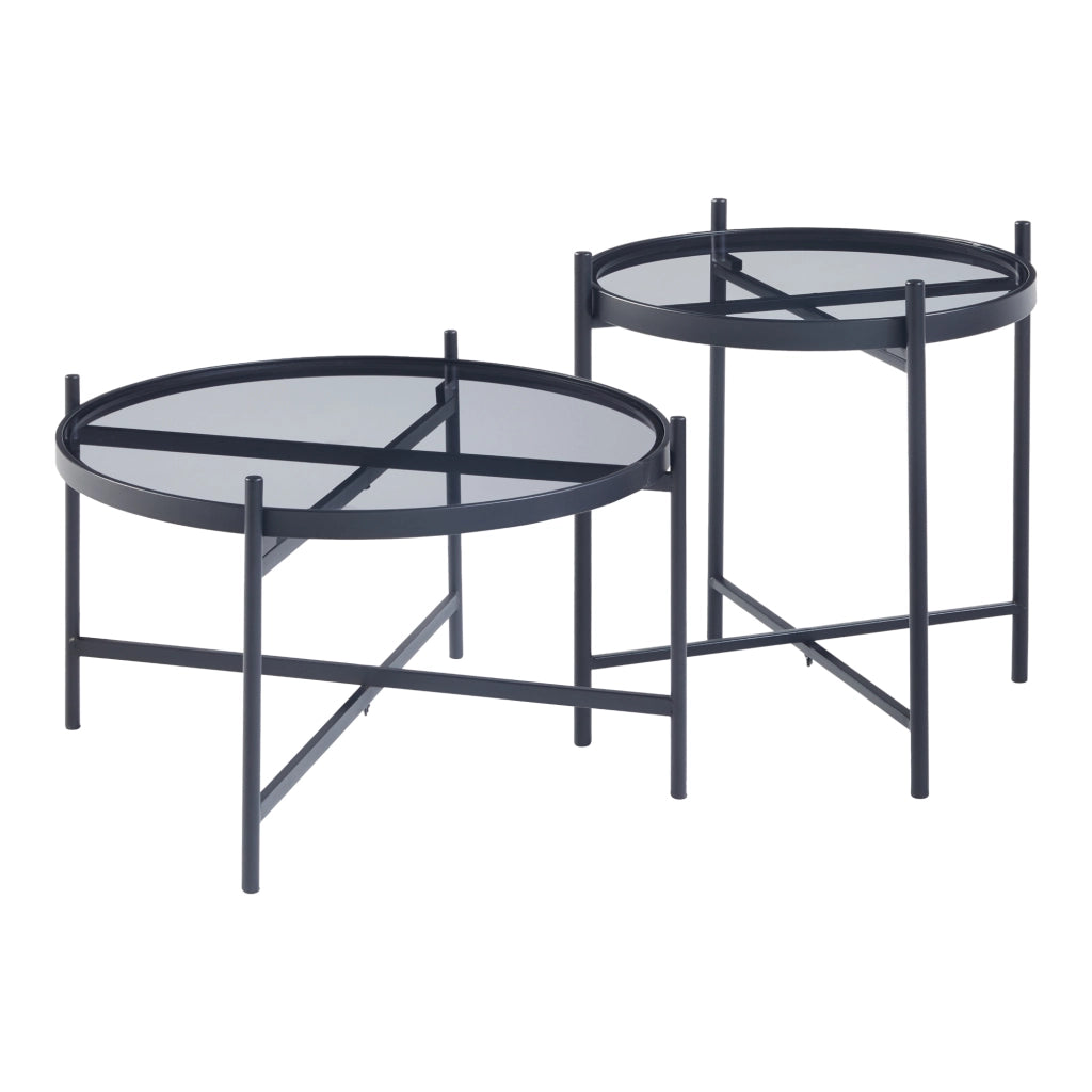 Set Lier di 2 Tavolini con Piano Rotondo in Vetro Temperato - Nero [en.casa]