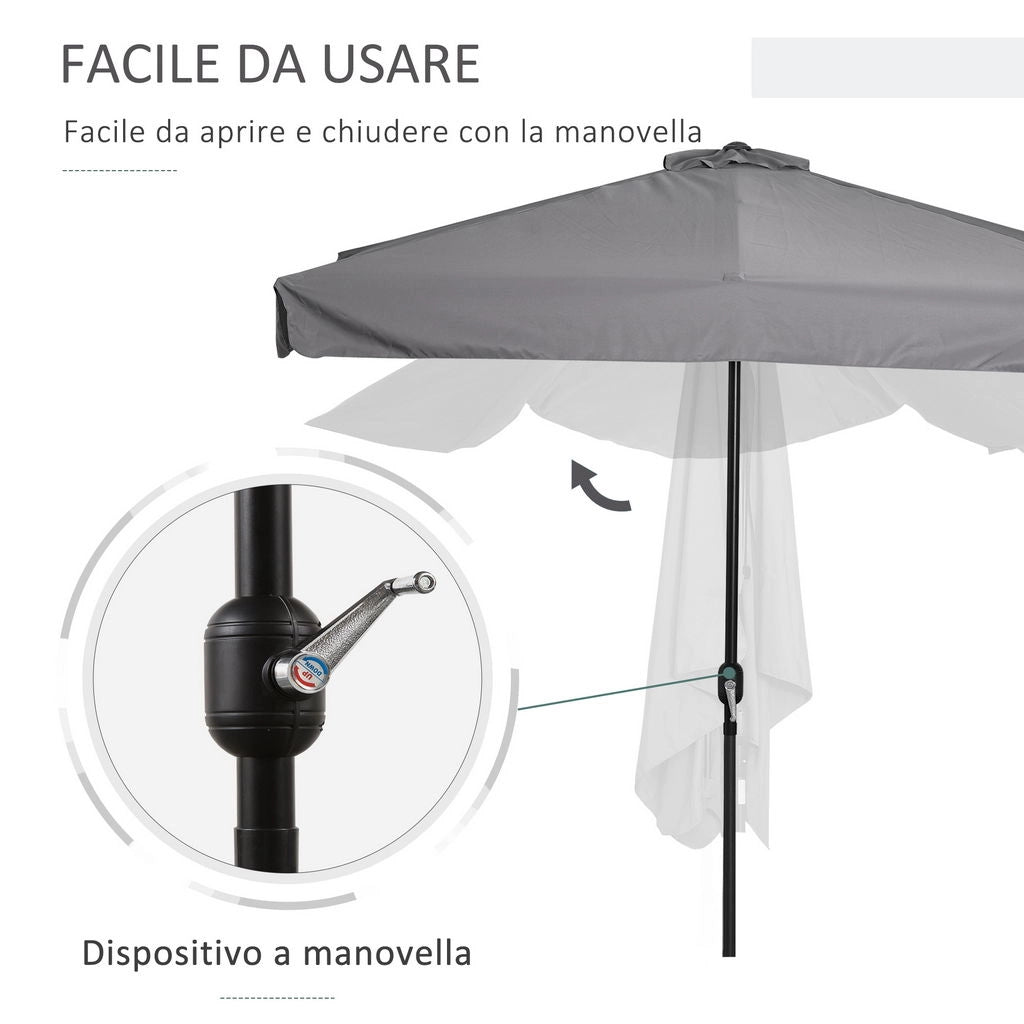 OMBRELLONE SEMICIRCOLARE DA TERRAZZA E GIARDINO CON MANOVELLA, 230X130X249CM, GRIGIO