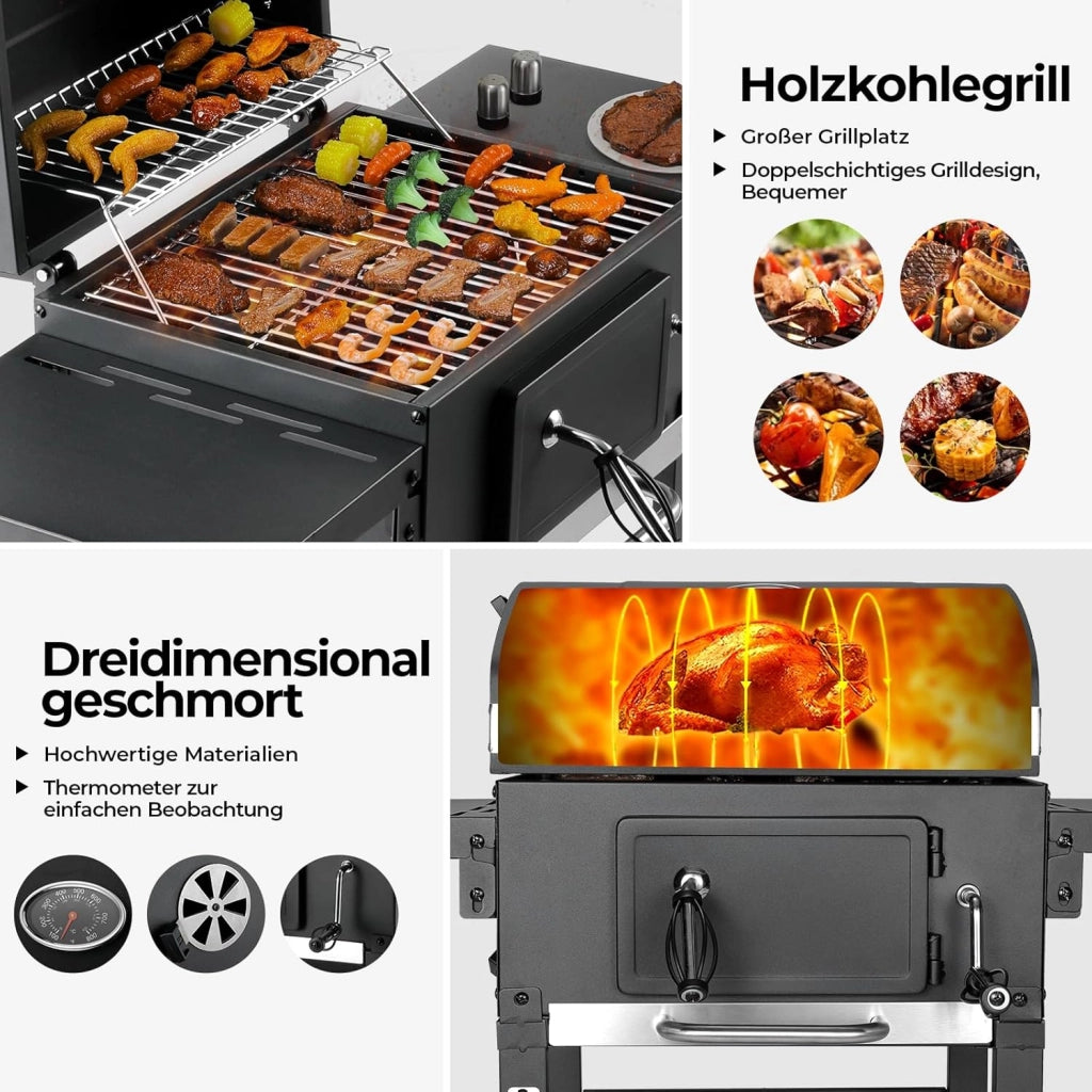 Barbecue Carbonella L, Barbecue a Carbonella con Coperchio, Griglia per Barbecue con 2PCS Ruote, Termometro, BBQ Smoker con Carrello per Campeggio, Giardino