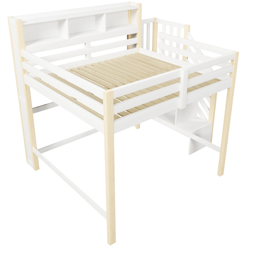 Letto a soppalco ULEVR 140x200 cm con LED, scala contenitore e vano aperto, bianco e naturale