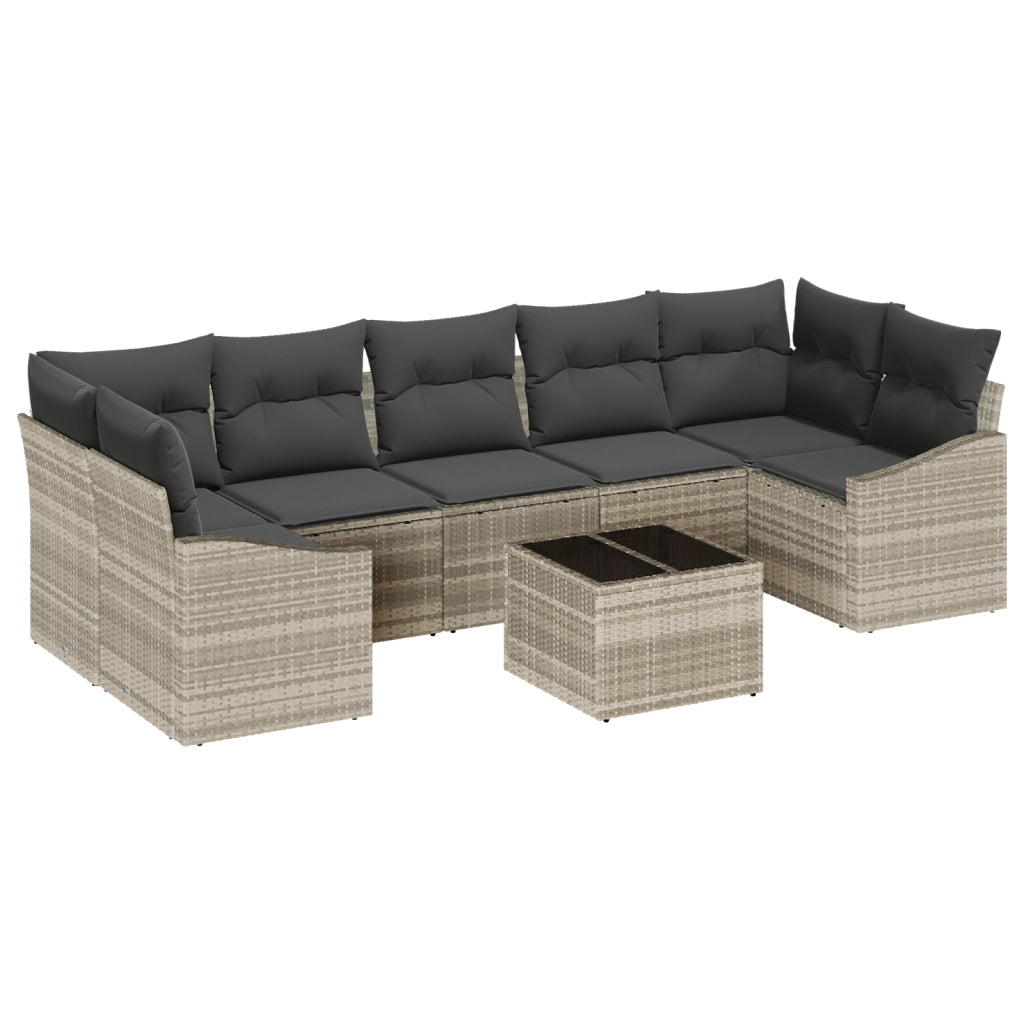 Set di Divani da Giardino 8 Pezzi con Cuscini Grigio Chiaro Polyrattan