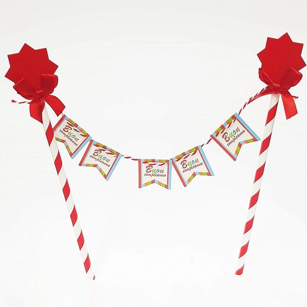 Trade Shop - Bandierine Cannucce Torta 2 Pezzi Rosso Buon Compleanno Stella Decorazione Festa -