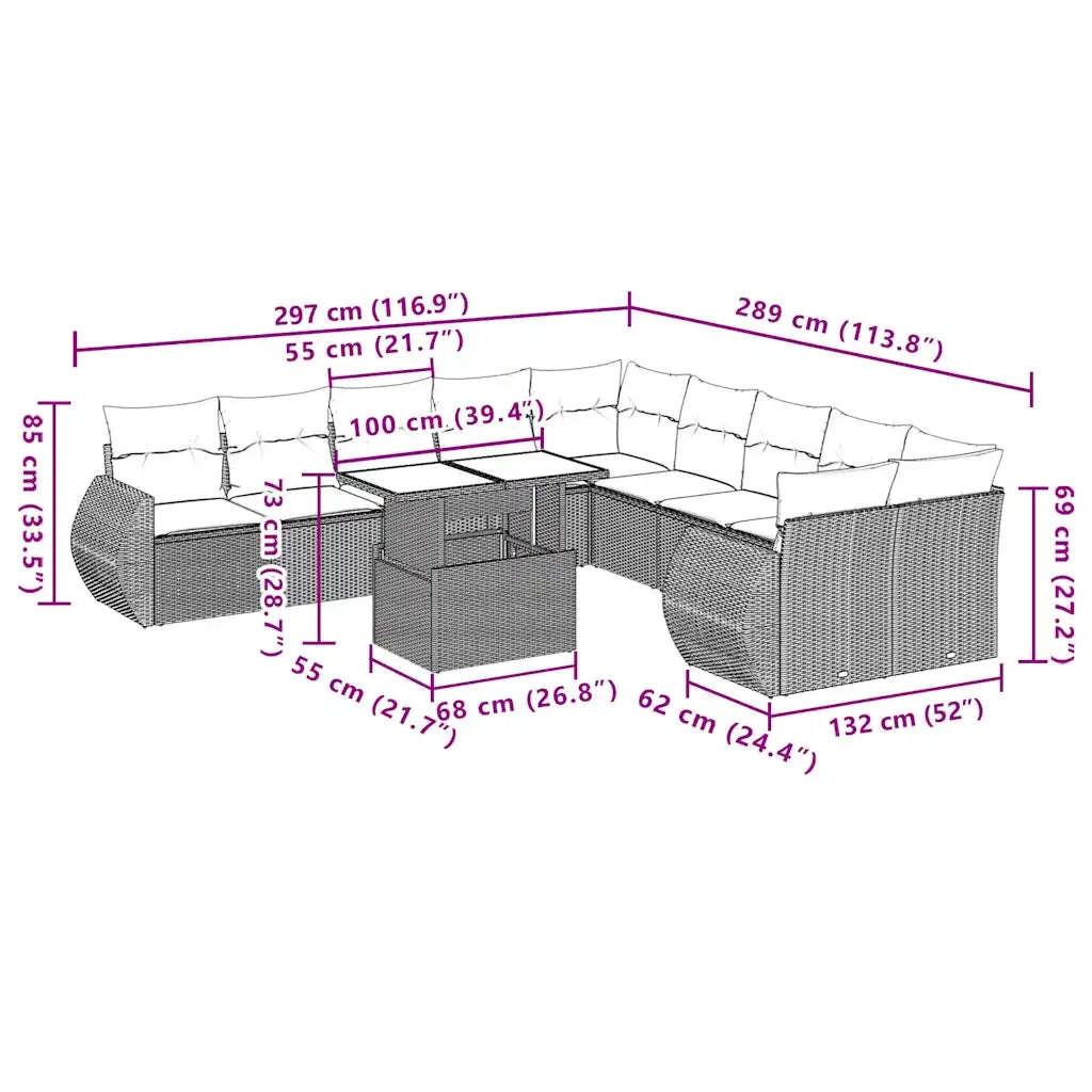 Set Divani da Giardino 11 pz con Cuscini in Polyrattan Nero