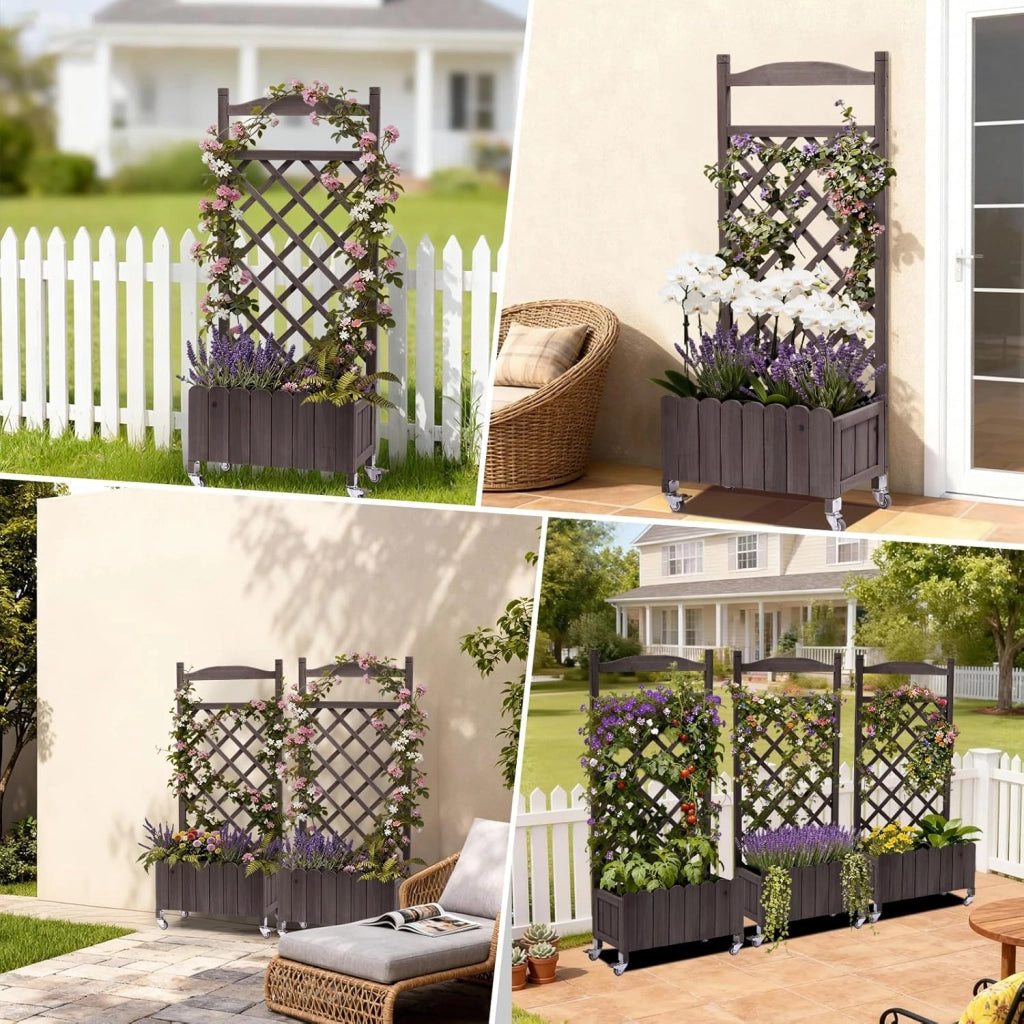 Fioriera in legno con grigliato e ruote, rialzata, resistente alle intemperie con fori di drenaggio, per giardino, balcone e terrazza, 49 x 28 x 116 cm – Marrone