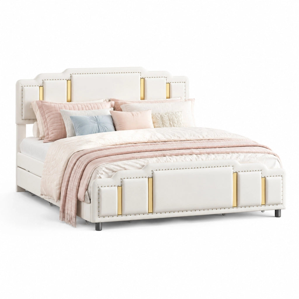 Letto 160x200 cm beige – 4 cassetti, LED 7 colori, senza materasso