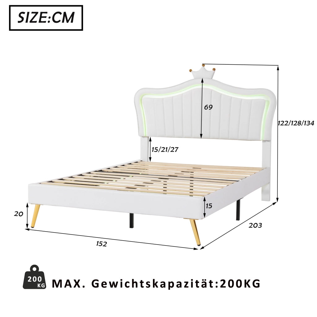 Letto a corona per bambine con LED; testiera regolabile e doghe; ecopelle bianca; 140x200 cm; senza materasso