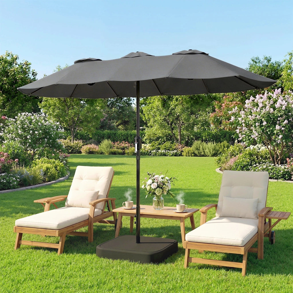 Ombrellone Doppio a 12 Stecche con Manovella, Base a Croce e Sacchi, in Metallo e Poliestere, 3x1.5 m, Grigio Scuro