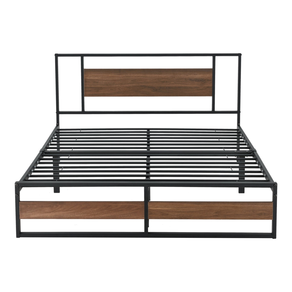 Letto in Acciaio con Materasso a Schiuma Fredda 200 x 140 cm Letto Matrimoniale/Francese in Stile Moderno con Elementi Decorativi in Effetto Legno di Color Noce  - Struttura Nera