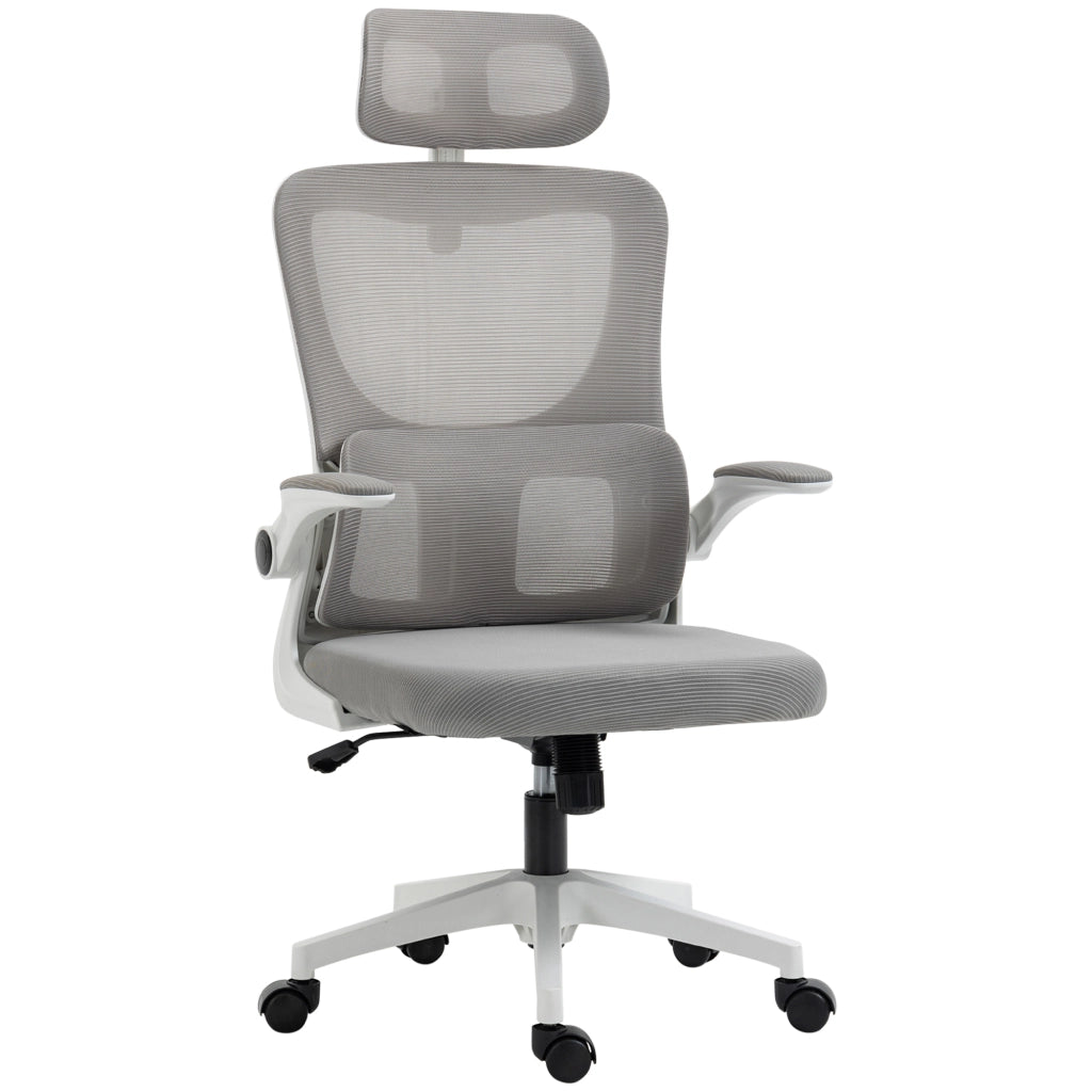 Sedia da ufficio ergonomica con braccioli, poggiatesta, funzione oscillante e supporto lombare in mesh grigio