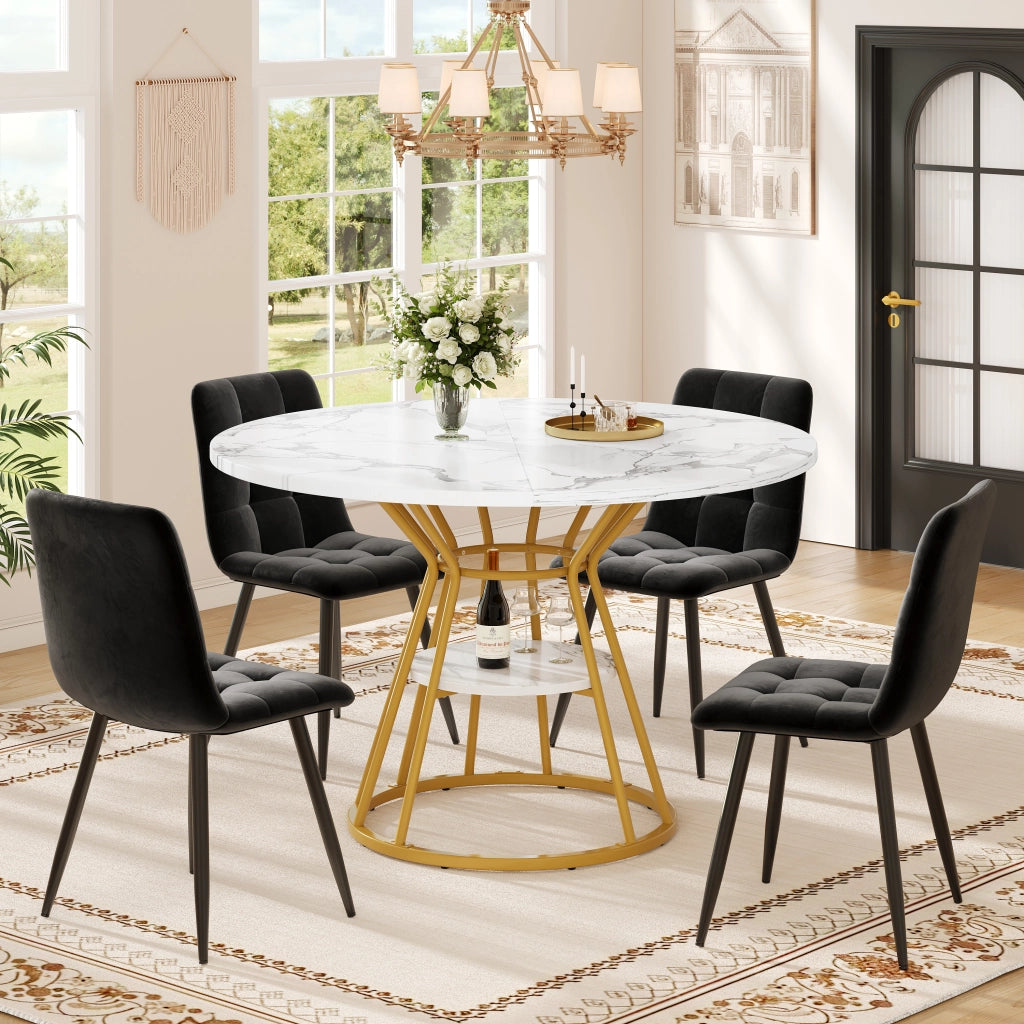 Tavolo da pranzo per 4 persone con 4 sedie in velluto, piano effetto marmo, in MDF e metallo, oro, 100 × 100 × 76 cm
