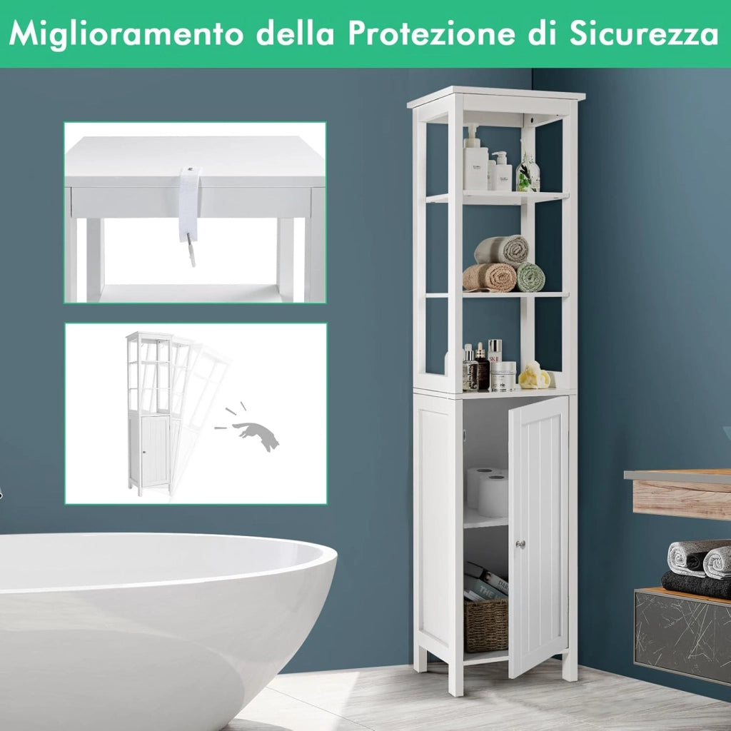Armadio da Bagno, Organizzatore con Ripiano a 3 Livelli, con Pannello Centrale a 3 Posizioni e Meccanismo Antiribaltamento, Salvaspazio per Soggiorno Camera da Letto
