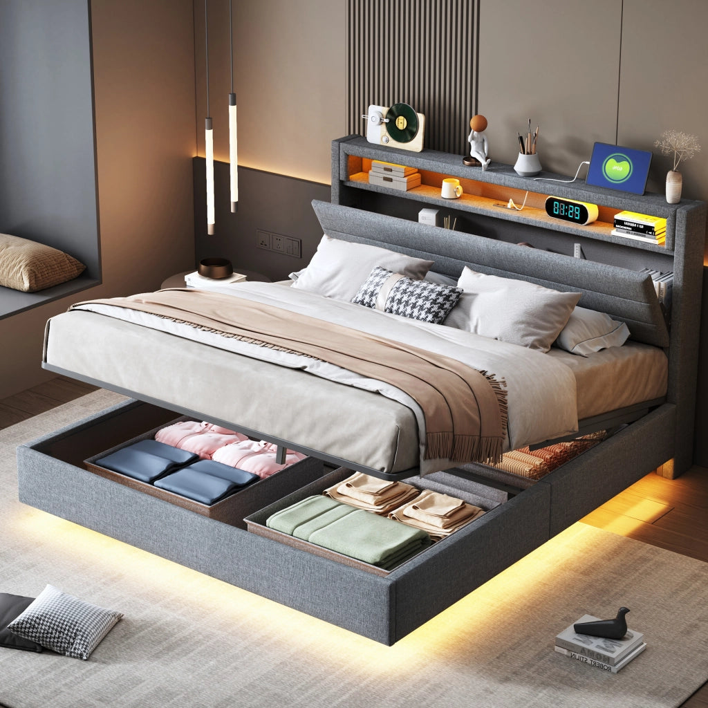 Letto contenitore imbottito 140x200 cm con LED, USB e testiera reversibile