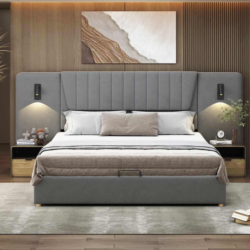 OKWISH Letto Contenitore 180×200 cm, Letto Matrimoniale con Lampade da Lettura Orientabili, USB e Testiera Alta, senza Materasso, Grigio