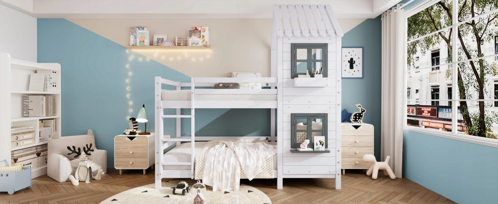 Letto a castello 90x200 - Xylo - Bianco con ringhiera e finestra