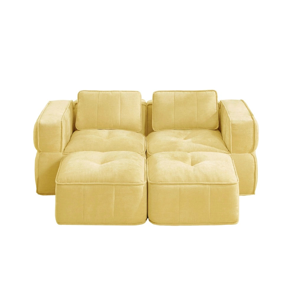 Divano 2 posti con 2 sgabelli ¨C Minimal ¨C Giallo tessuto morbido