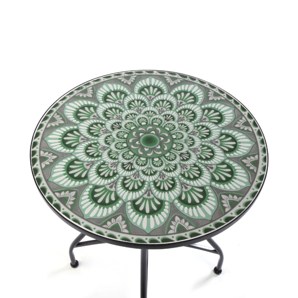 Set tavolo e 2 sedie Mandala verde metallo smaltato e ceramica a mosaico 60cm