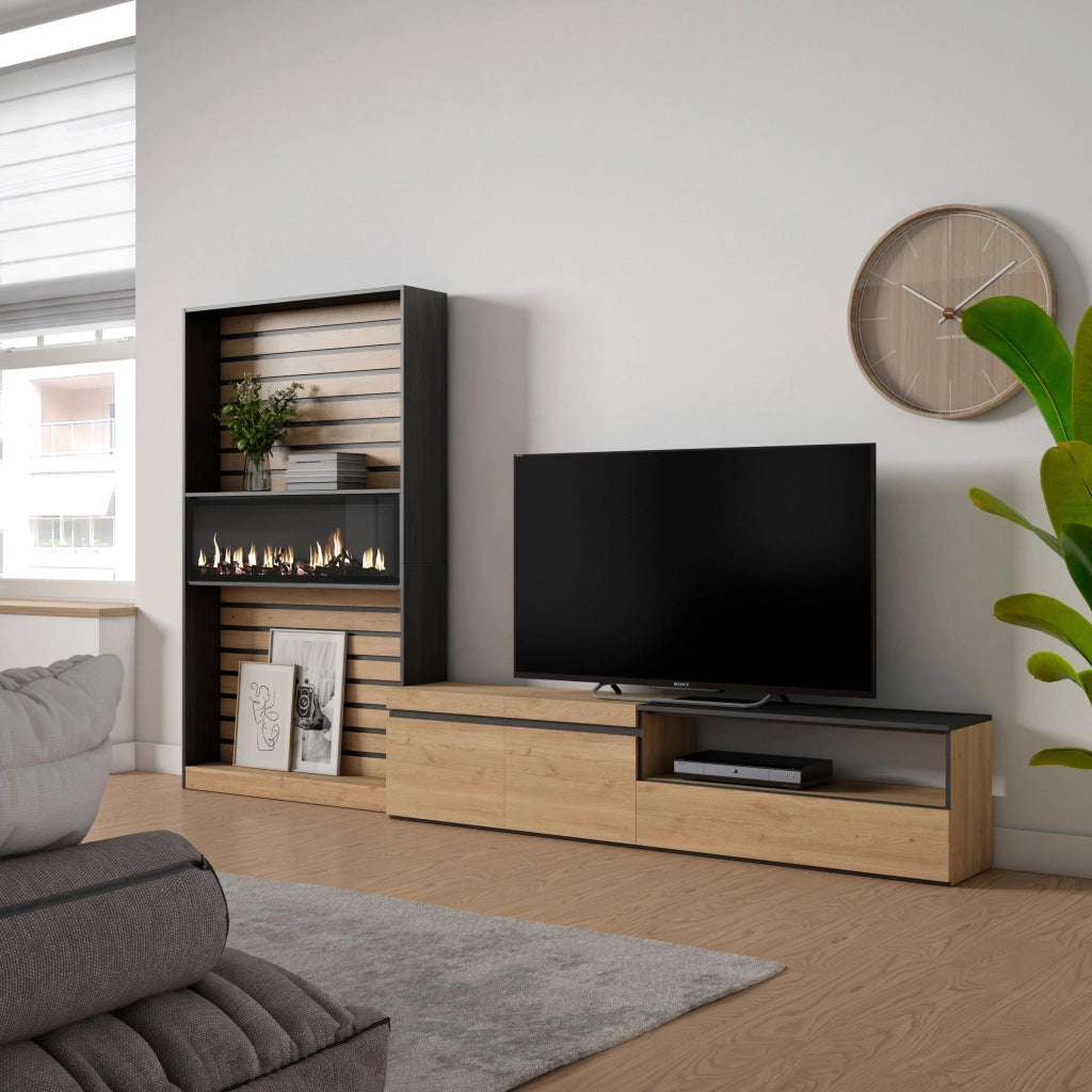 Mobile TV, Soggiorno, 310x35x186cm, Per TV fino a 80", Camino elettrico, colore Rovere e nero RF2859