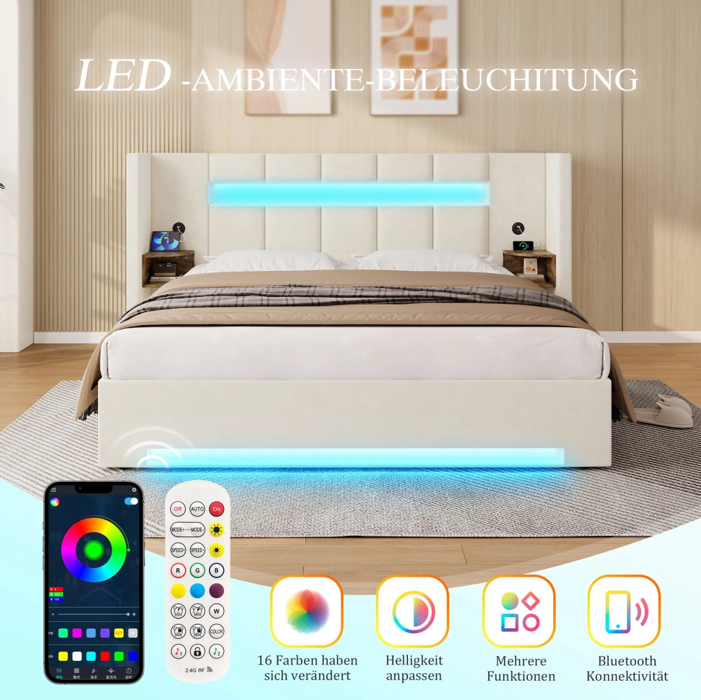 Letto contenitore in velluto beige 160x200 cm con LED e USB