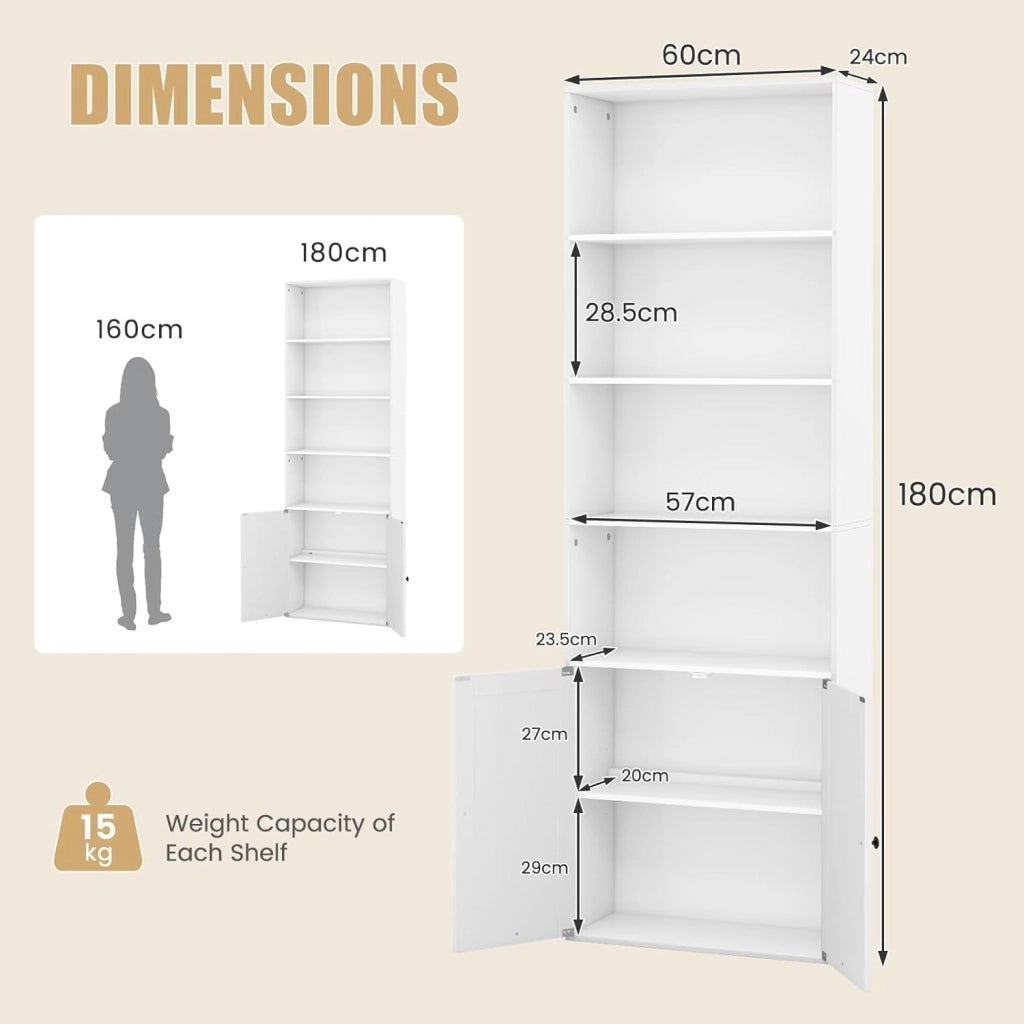 Libreria con 6 Ripiani e 2 Ante, Scaffale in Legno, con 1 Ripiano Regolabile in Altezza, Credenza Espositore, Ideale per Soggiorno e Ufficio, Mensola Portaoggetti Multiusi