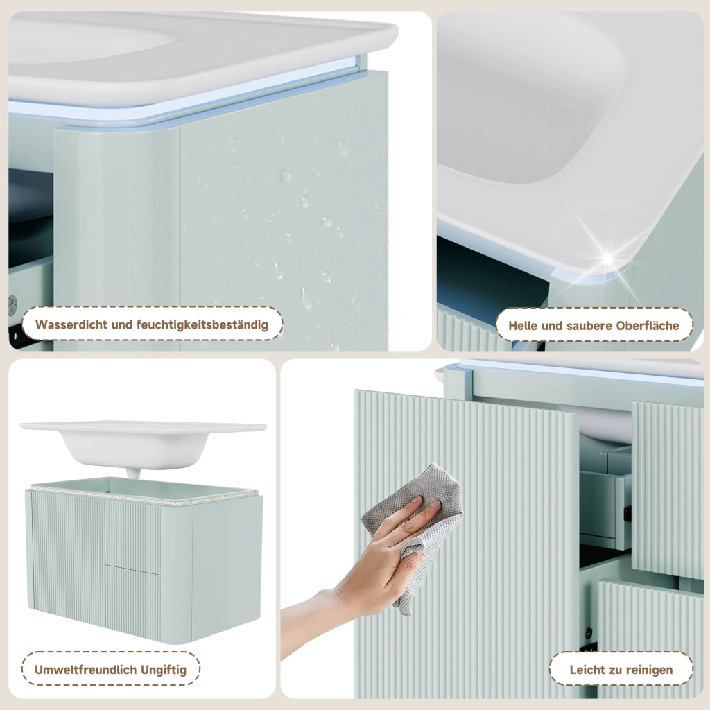 Mobile sottolavabo con LED, lavabo in ceramica e 4 cassetti, per bagno, in MDF e ceramica, verde, 80,5 × 47,5 × 51 cm