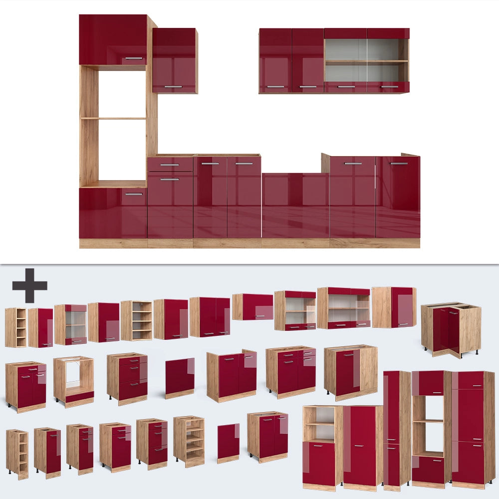 Vicco Cucina componibile Rosso lucido/rovere dorato 300 cm con armadio alto, senza piano di lavoro