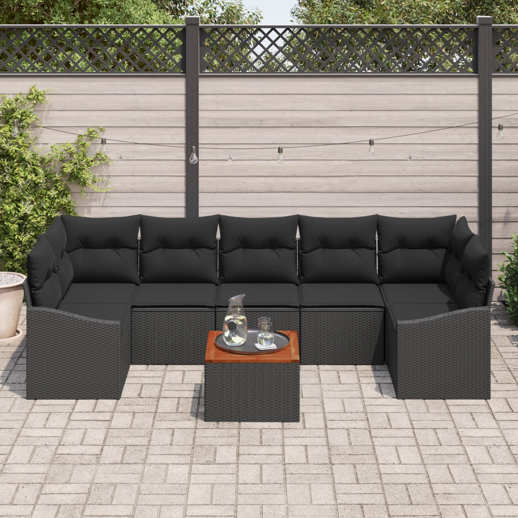 Set di divano da giardino 8 pezzi con cuscini in polirattan nero e acacia
