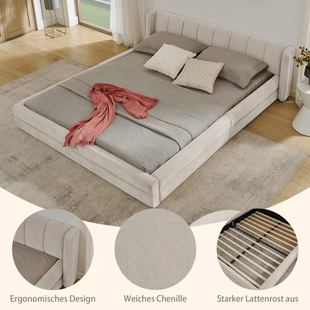 Letto Matrimoniale 160x200 cm; 2 Posti - Testiera Ergonomica; in Chenille - Beige
