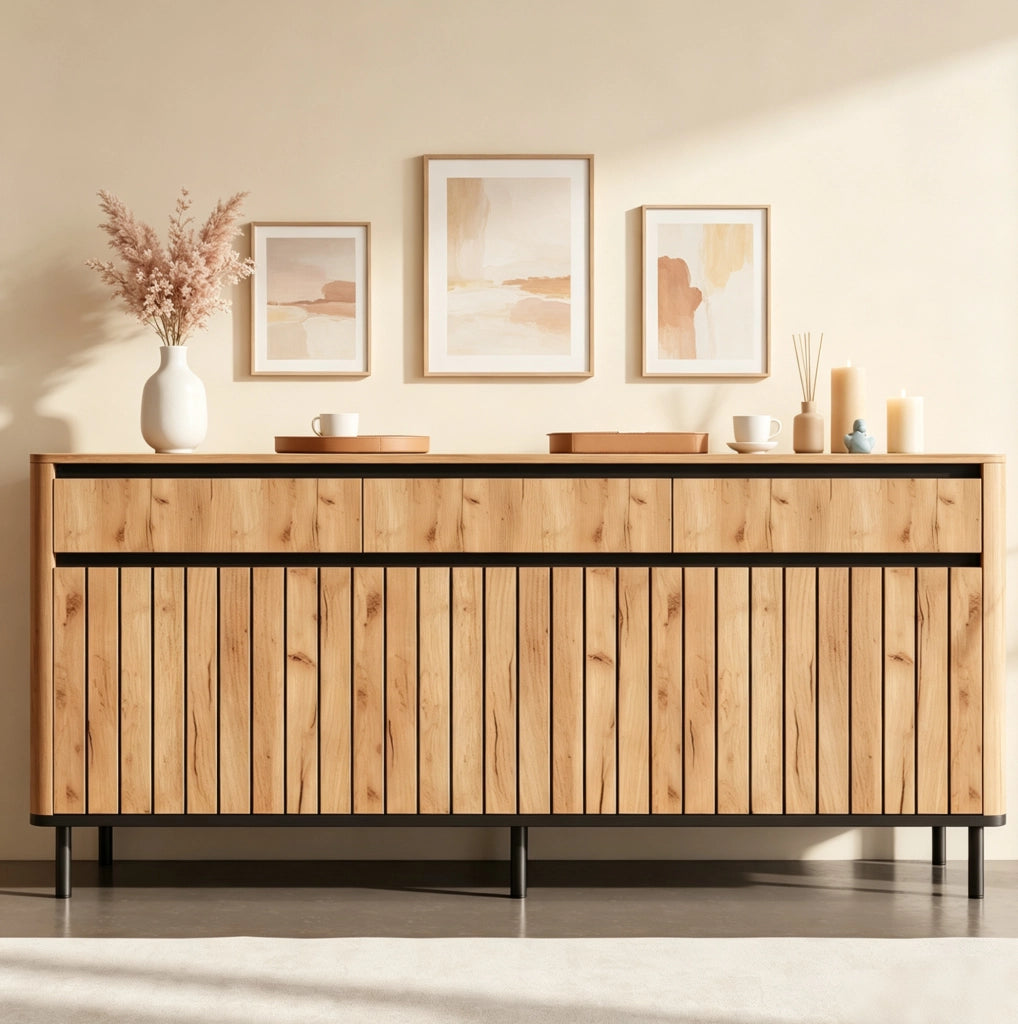 Credenza moderna 160x40x73 cm in MDF, 3 cassetti e 3 ante a lamelle