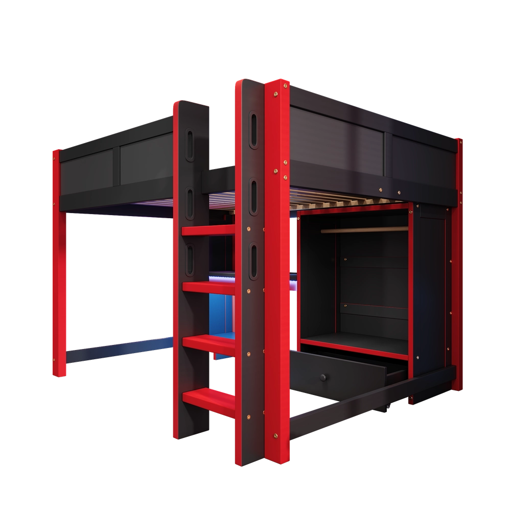 Letto a Soppalco Gaming con Scrivania e Cassetti ¨C Xylo ¨C Nero 140x200 cm con LED