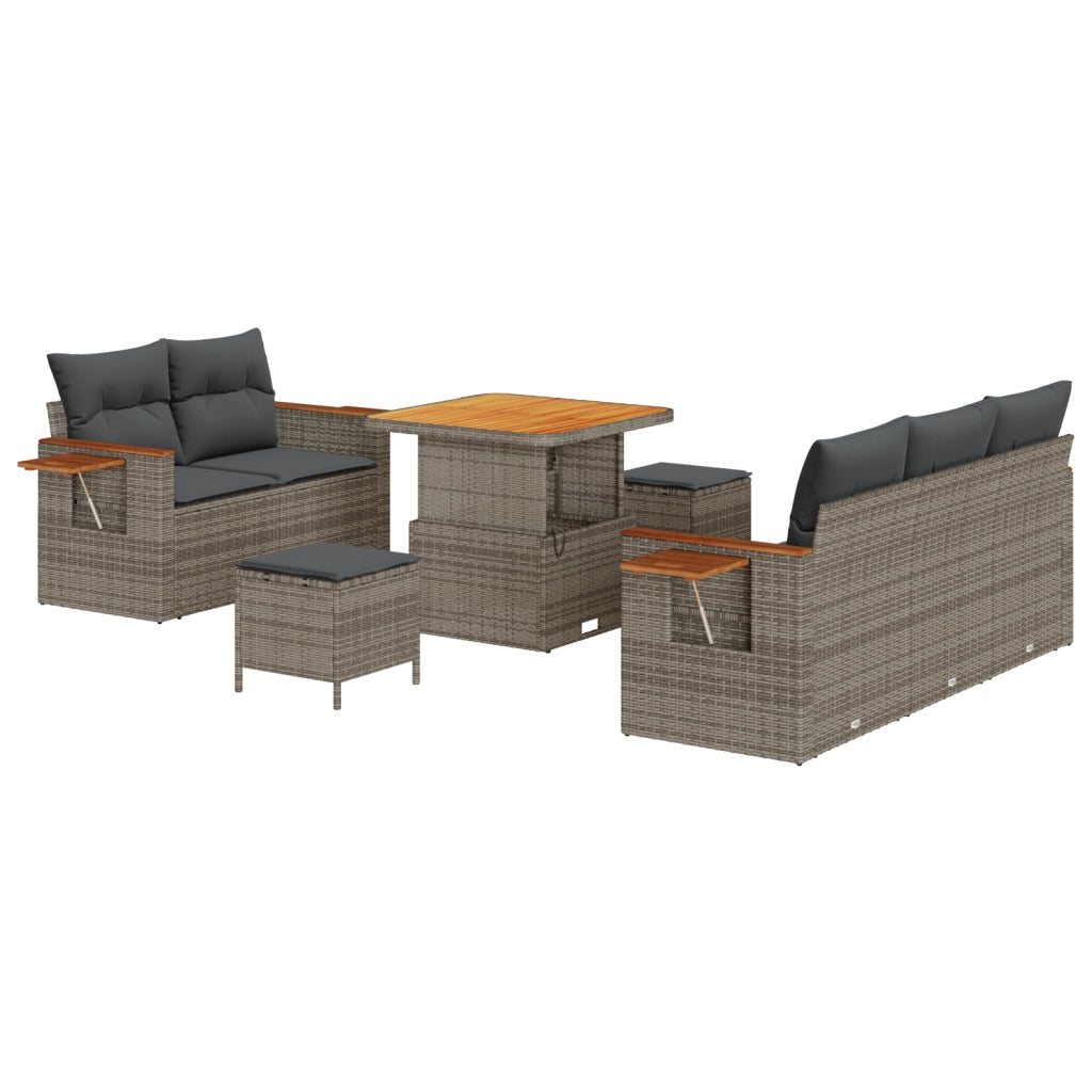 Set divani giardino 8 pezzi con cuscini grigio polyrattan e acacia
