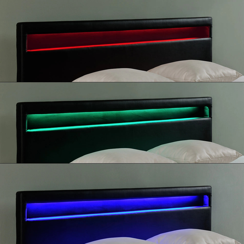 Letto Francese con Materasso 140x200 cm Testiera Alta con Illuminazione a LED Similpelle - Nero Corium