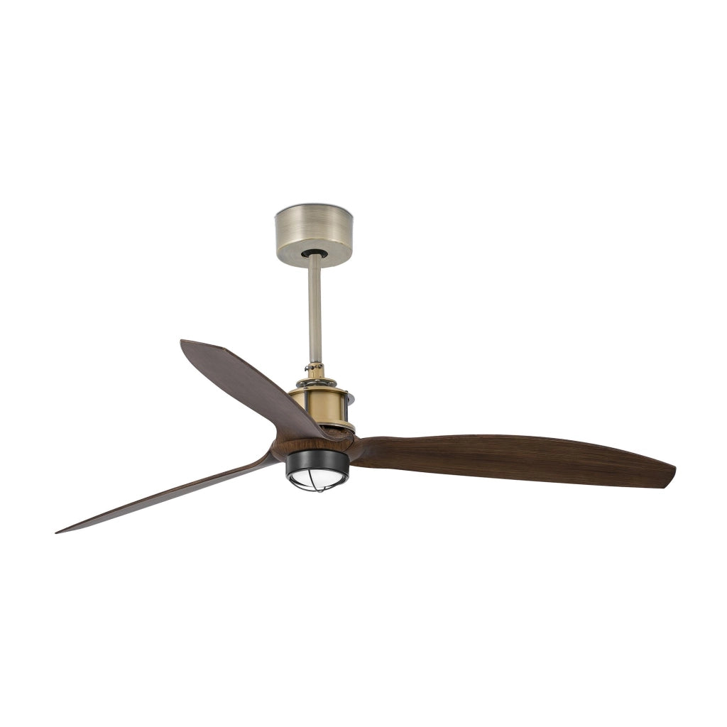 FARO Ventilatore a soffitto in acciaio Oro Vecchio con pale finitura noce Ø1280 mm motore DC 6 velocita funzione inversa per soffitti inclinati 3000K JUST FAN M FARO-333981N